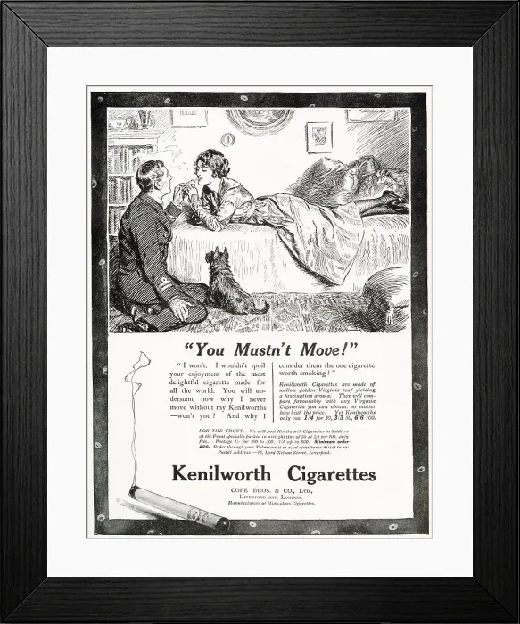 Framed Print : Advertisement for Kenilworth cigarettes showing a two lovers sharing a light from a cigarette. Date: 1919 Framed Print : Advertisement for Kenilworth cigarettes showing a two lovers sharing a light from a cigarette. Date: 1919