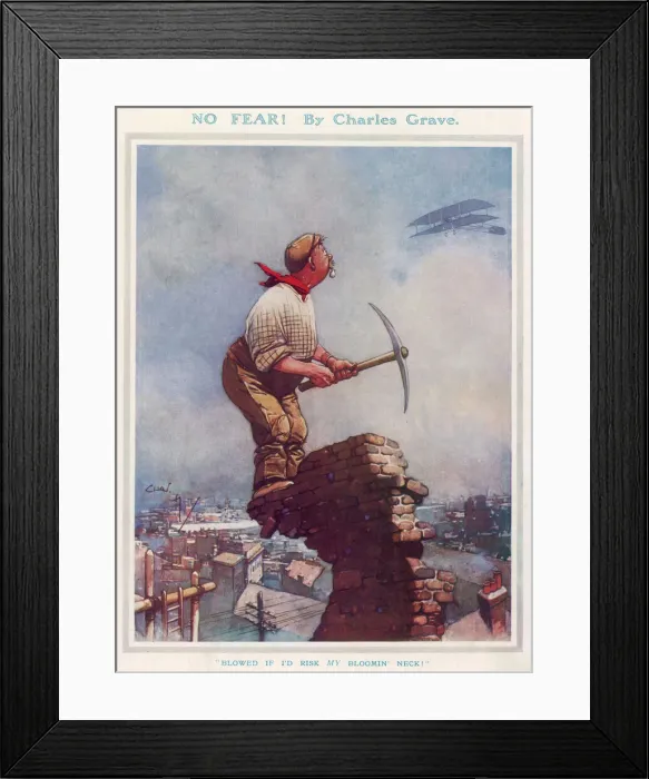 Framed Print : No Fear. A curmudgeonly workman, balanced precariously on a chimney Framed Print : No Fear. A curmudgeonly workman, balanced precariously on a chimney