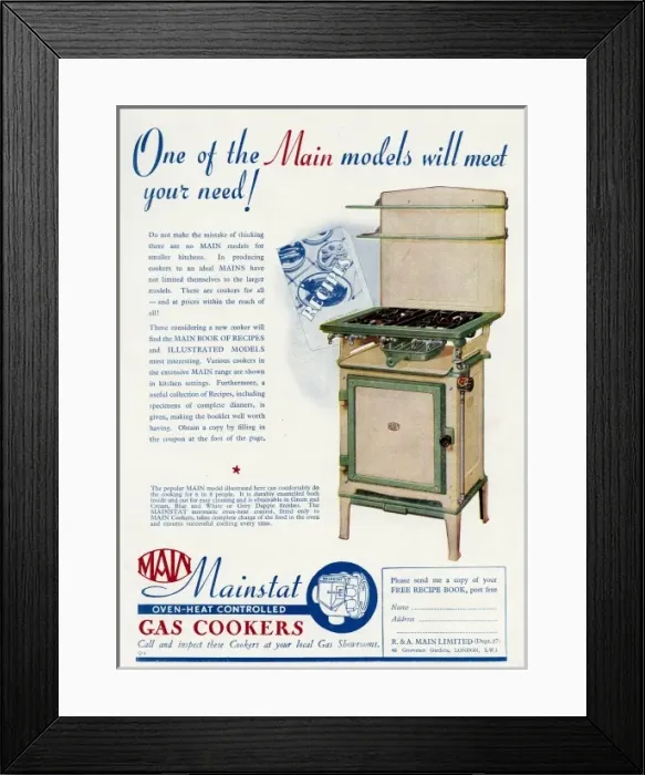 Framed Print : Advert for Main Mainstat gas cookers Framed Print : Advert for Main Mainstat gas cookers