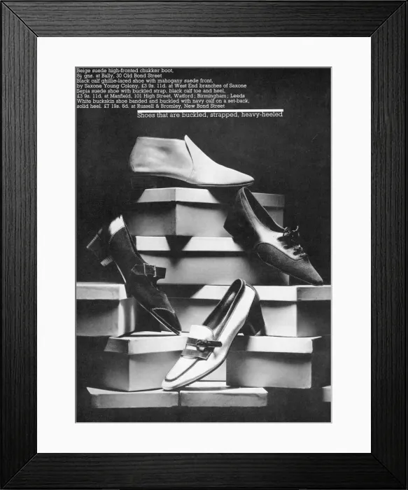 Framed Print : SHOES. Beige suede high fronted chukker boot, black calf ghillie laced shoe