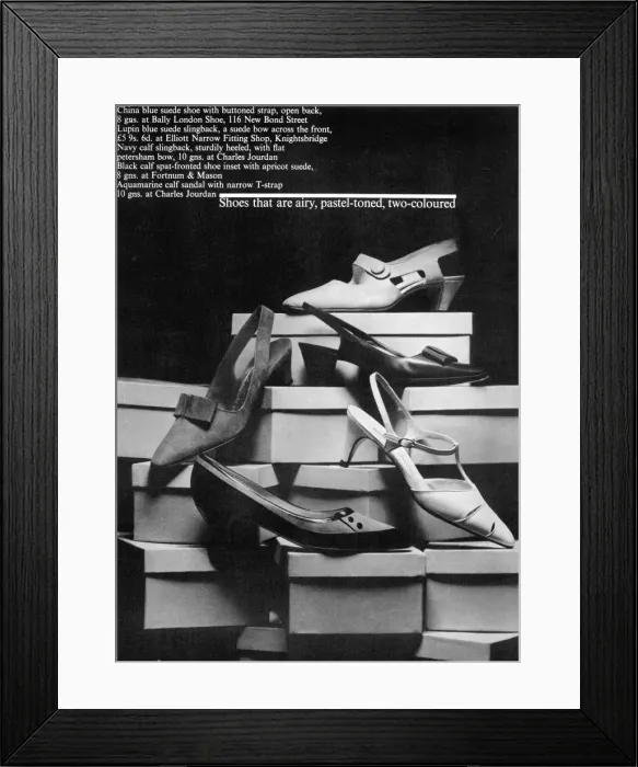 Framed Print : SHOES. Suede shoe with buttoned strap and open back Framed Print : SHOES. Suede shoe with buttoned strap and open back