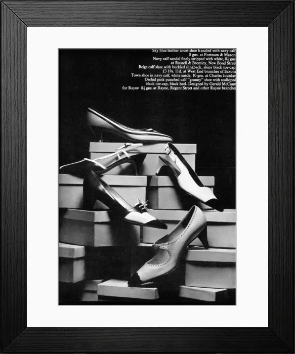 Framed Print : SHOES. Leather court shoe banded with calf, calf sandal finely stripped with white