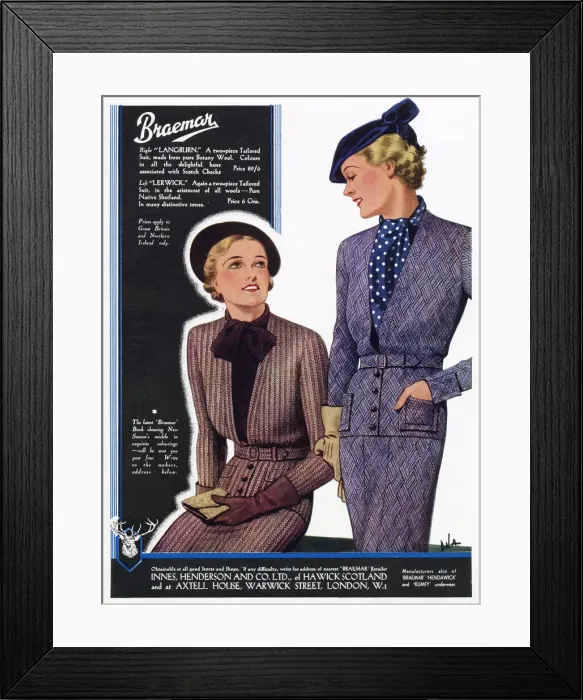 Framed Print : Two women wearing two-piece tailored suits made from wool. Date: 1936 Framed Print : Two women wearing two-piece tailored suits made from wool. Date: 1936