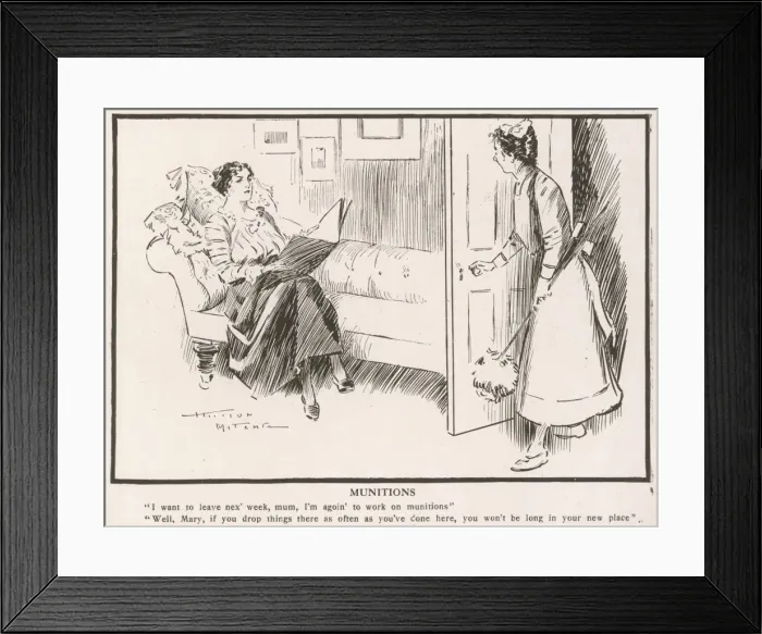 Framed Print : Munitions. A maid informs the mistress of the house that she is off to