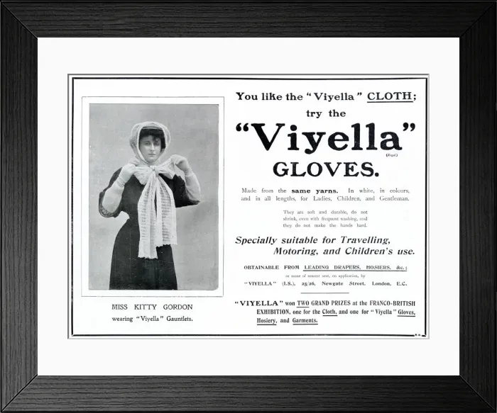 Framed Print : Advert for Viyella, womens motoring headscarf 1908 Framed Print : Advert for Viyella, womens motoring headscarf 1908