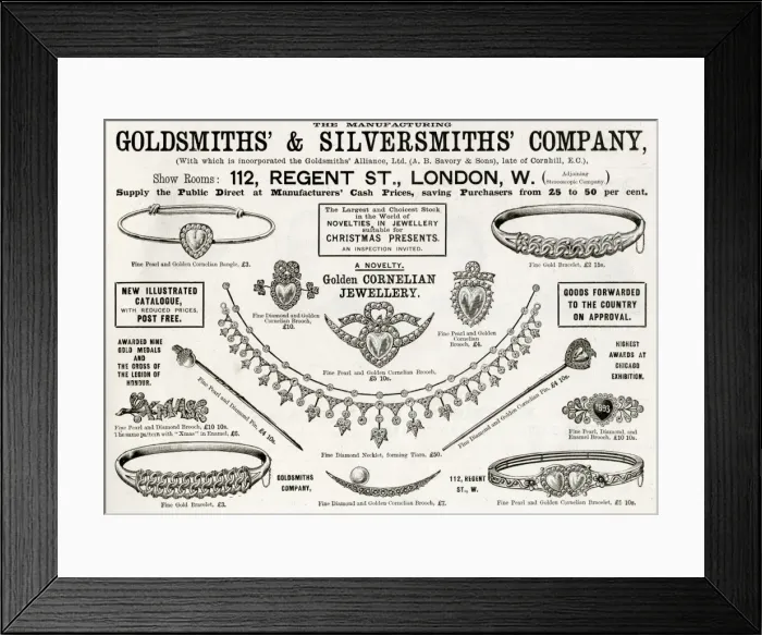 Framed Print : Advert for Goldsmiths & Silversmiths jewellery 1893