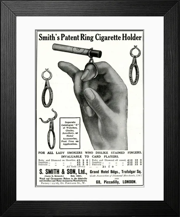 Framed Print : Advert for S. Smith & Son ring cigarette holder 1914 Framed Print : Advert for S. Smith & Son ring cigarette holder 1914