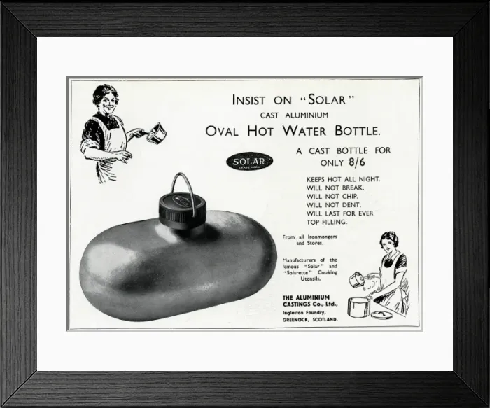 Framed Print : Advert for Solar aluminium hot water bottle 1933 Framed Print : Advert for Solar aluminium hot water bottle 1933