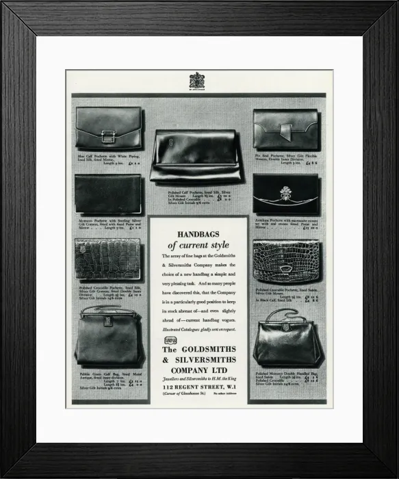 Framed Print : Advert for Handbags at The Goldsmiths & Silversmiths Company Framed Print : Advert for Handbags at The Goldsmiths & Silversmiths Company