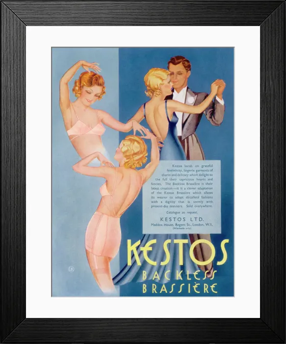 Framed Print : Advertisement for the Kestos Backless Brassiere 1935 Framed Print : Advertisement for the Kestos Backless Brassiere 1935