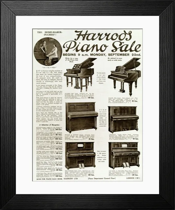 Framed Print : Advert for Harrods piano sale 1919