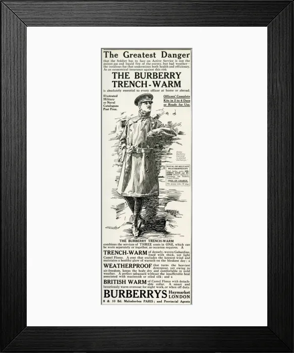 Framed Print : Advert for Burberrys weather proof trench coats 1916 Framed Print : Advert for Burberrys weather proof trench coats 1916