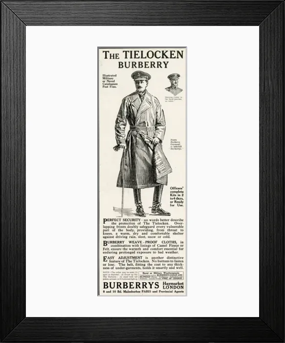 Framed Print : Advert for Burberrys tielocken trench coats 1916 Framed Print : Advert for Burberrys tielocken trench coats 1916
