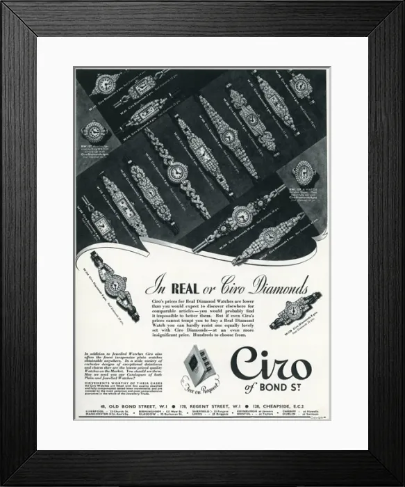 Framed Print : Advert for Ciro ladies diamond wristwatches 1937 Framed Print : Advert for Ciro ladies diamond wristwatches 1937