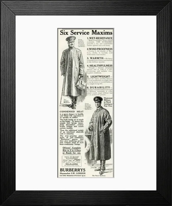 Framed Print : Advert for Burberrys weather proof trench coats 1916 Framed Print : Advert for Burberrys weather proof trench coats 1916