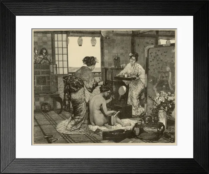 Framed Print : A Lady is waited on by two Japanese Servants Framed Print : A Lady is waited on by two Japanese Servants