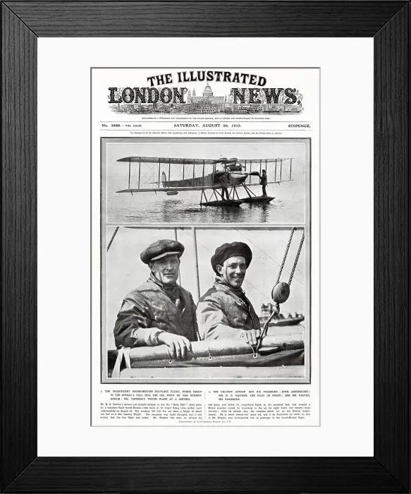 Framed Print : Harry Hawker (1889 - 1921), the pilot and passenger attempt to win the Daily Mail £5000 prize, round Britain. Unfortunately on 27th August the machine fell into to the sea of a height of about 100 feet near Dublinand was to damaged Framed Print : Harry Hawker (1889 - 1921), the pilot and passenger attempt to win the Daily Mail £5000 prize, round Britain. Unfortunately on 27th August the machine fell into to the sea of a height of about 100 feet near Dublinand was to damaged