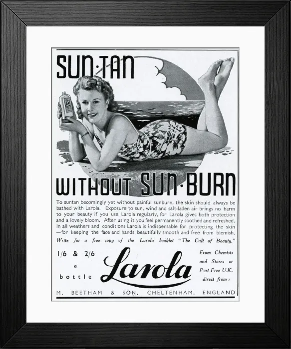 Framed Print : Advert for Beetham Larola suntan lotion 1940