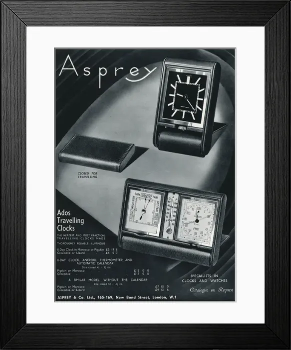 Framed Print : Advert for Asprey travel clocks 1936 Framed Print : Advert for Asprey travel clocks 1936