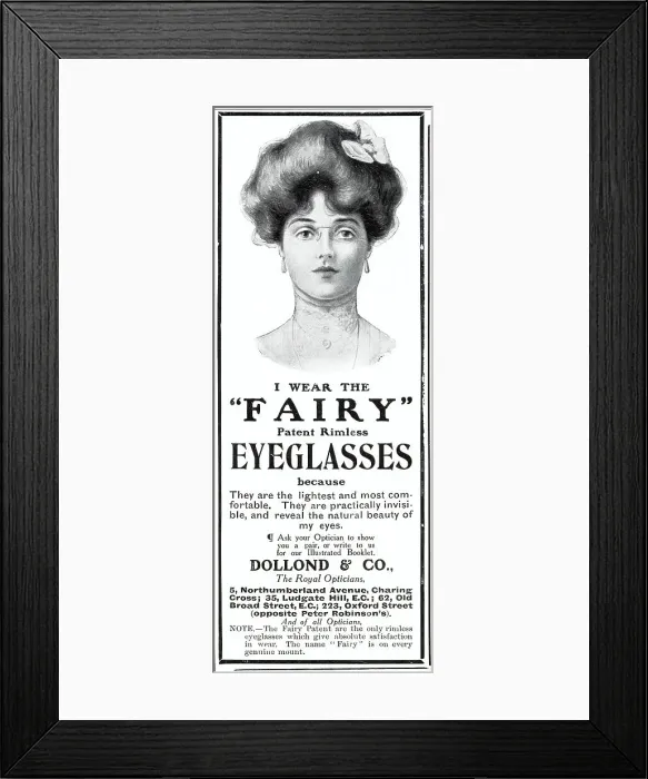 Framed Print : Woman wearing patent Fairy eyeglasses, dainty, light, comfortable and rimless specs. Date: 1907 Framed Print : Woman wearing patent Fairy eyeglasses, dainty, light, comfortable and rimless specs. Date: 1907