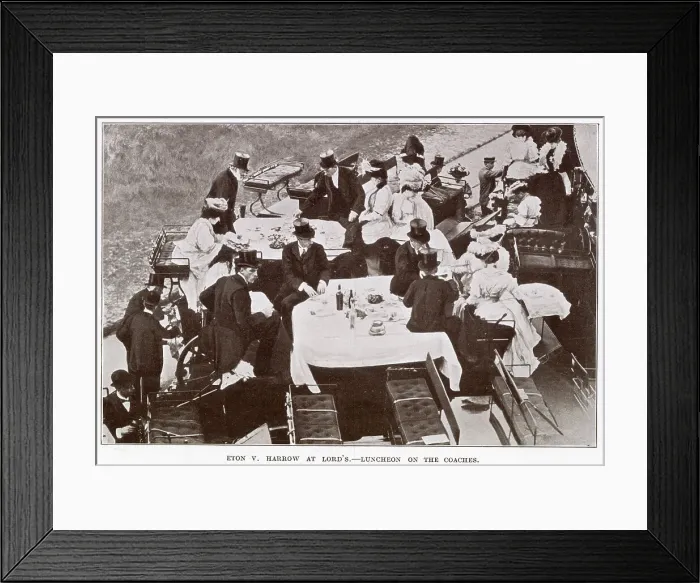 Framed Print : Edwardian men an women sitting on top of the coaches having luncheon, finely laid out with white tablecloths. Date: 1907