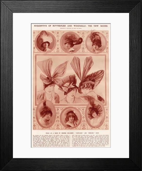 Framed Print : Women wearing hats trimmed with large bows resembling butterfiles wings or windmills. Date: 1913 Framed Print : Women wearing hats trimmed with large bows resembling butterfiles wings or windmills. Date: 1913