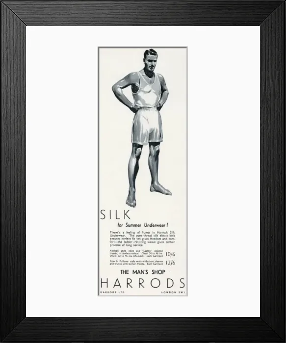 Framed Print : Advert for Harrods mens silk underwear 1940 Framed Print : Advert for Harrods mens silk underwear 1940