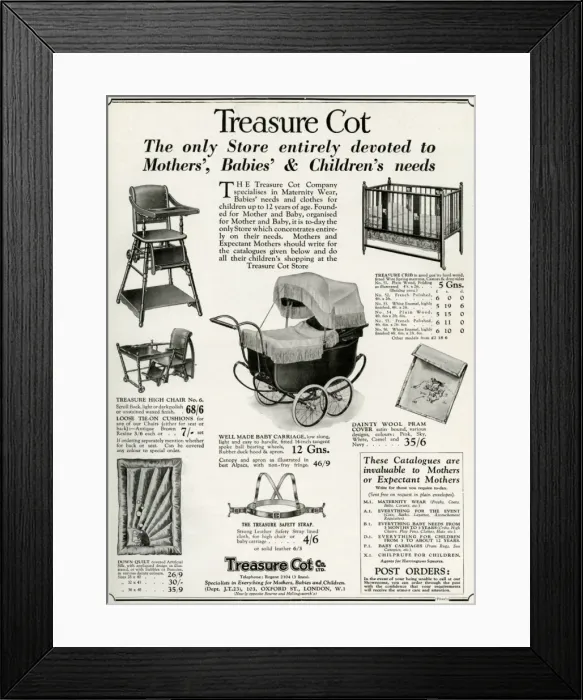 Framed Print : Advert for Treasure Cot baby specialises 1930 Framed Print : Advert for Treasure Cot baby specialises 1930