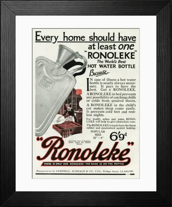 Framed Print : Advert for Ronoleke hot water bottle Framed Print : Advert for Ronoleke hot water bottle
