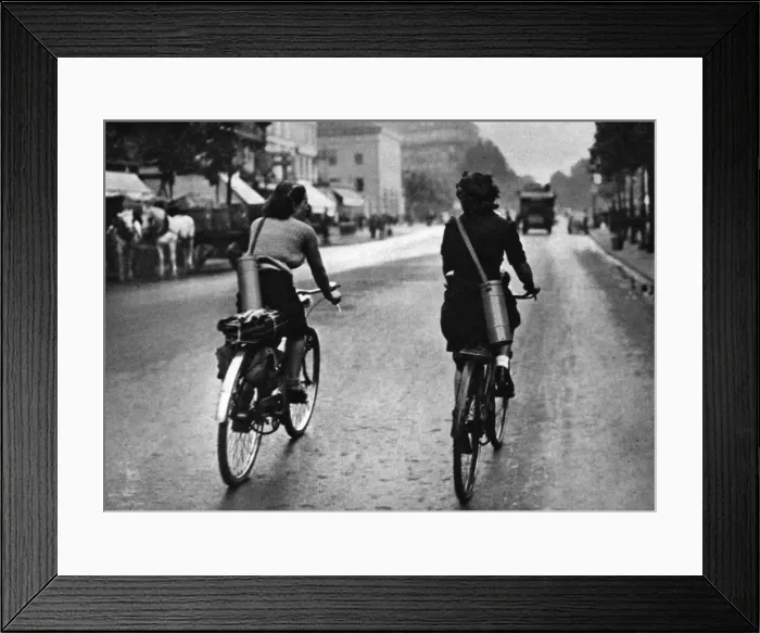 Framed Print : Cycling with gas masks in WWII