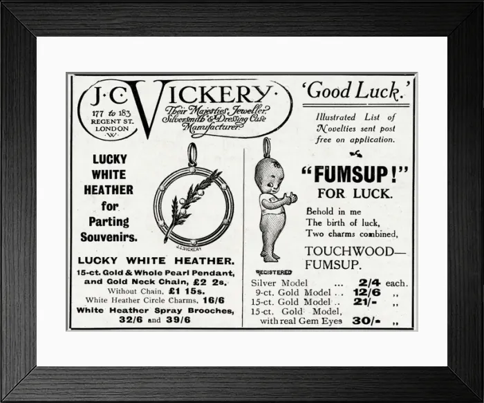 Framed Print : Advert for J. C Vickery lucky jewellery 1916 Framed Print : Advert for J. C Vickery lucky jewellery 1916