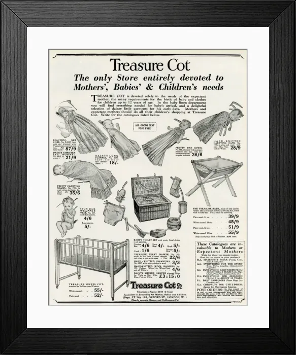 Framed Print : Advert for Treasure Cot baby specialises 1930 Framed Print : Advert for Treasure Cot baby specialises 1930