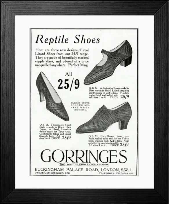 Framed Print : Advert for Gorringes reptile shoes Framed Print : Advert for Gorringes reptile shoes