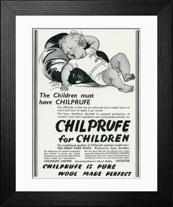 Framed Print : Advert for Chilprufe wool underwear for children 1941