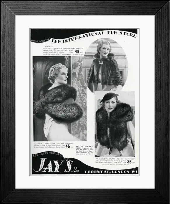 Framed Print : Advert for Jays womens quality furs 1934