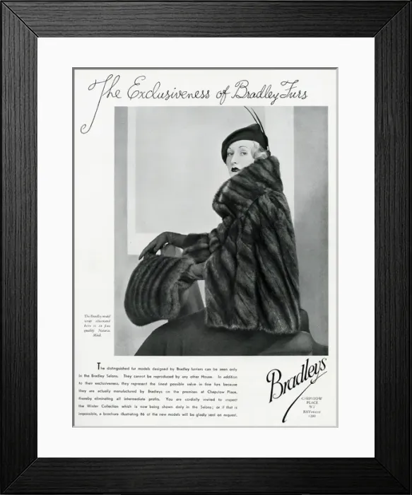 Framed Print : Advert for Bradleys quality mink 1934