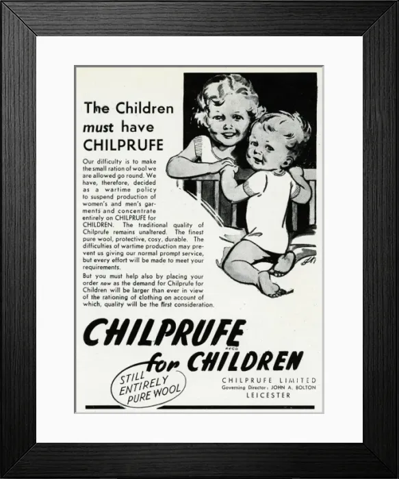 Framed Print : Advert for Chilprufe wool underwear for children 1941