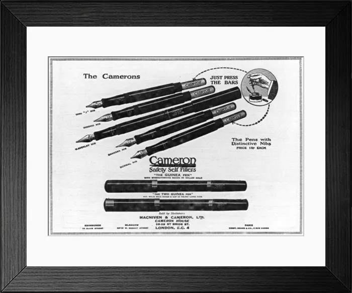 Framed Print : Cameron Pens advertisement Framed Print : Cameron Pens advertisement