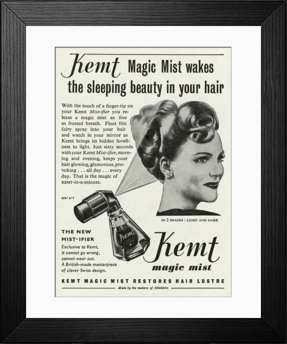Framed Print : Advert for Kemt magic mist hairspray 1948 Framed Print : Advert for Kemt magic mist hairspray 1948