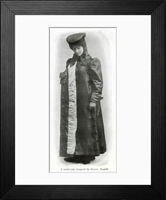 Framed Print : Lady motorist wearing a quilted full length protective motor-coat against the bad weather designed by Dunhill. Date: 1907 Framed Print : Lady motorist wearing a quilted full length protective motor-coat against the bad weather designed by Dunhill. Date: 1907