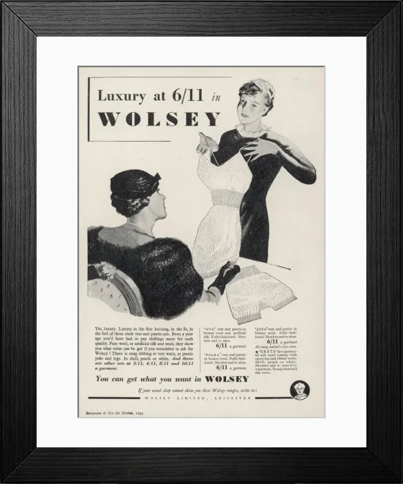 Framed Print : Wolsey knitwear advertisement Framed Print : Wolsey knitwear advertisement
