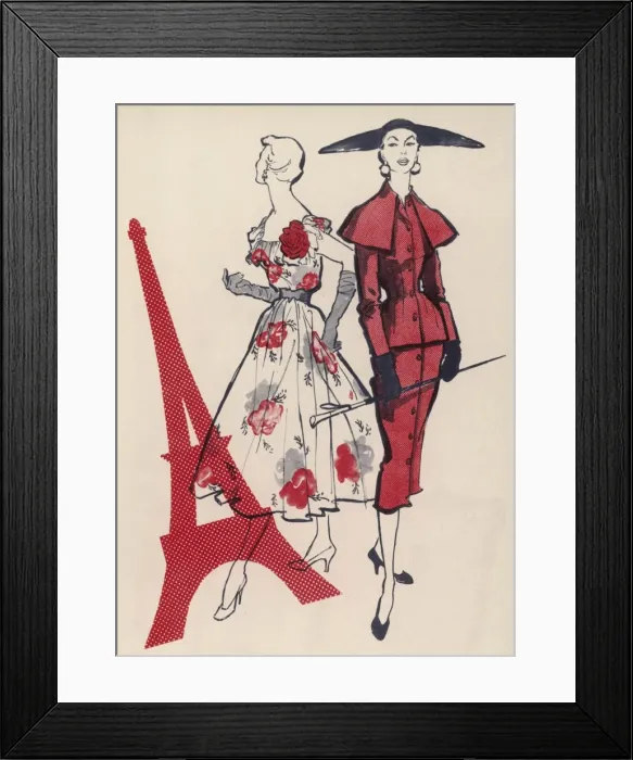 Framed Print : Dior dress and Fath suit, 1954 Framed Print : Dior dress and Fath suit, 1954