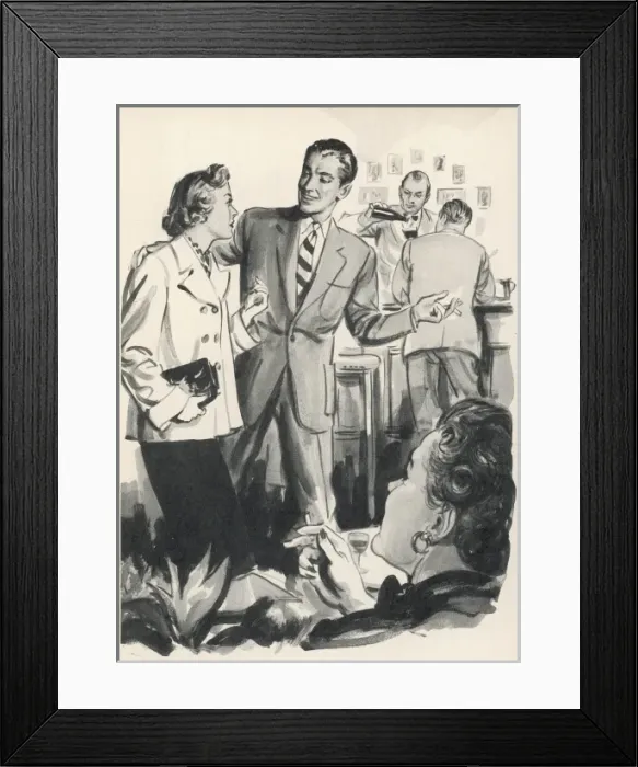 Framed Print : Bar scene. A man wearing a suit, encourages his female companion to sit down