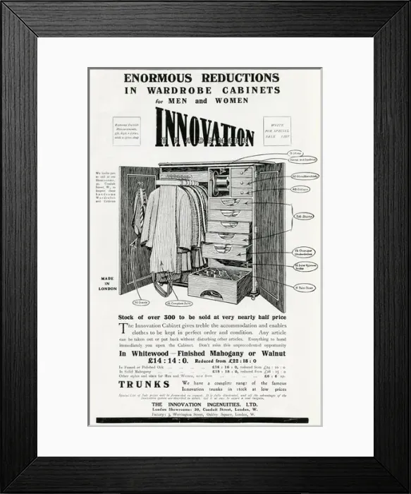 Framed Print : Advert for Innovation Ingenuities wardrobe cabinets 1915 Framed Print : Advert for Innovation Ingenuities wardrobe cabinets 1915