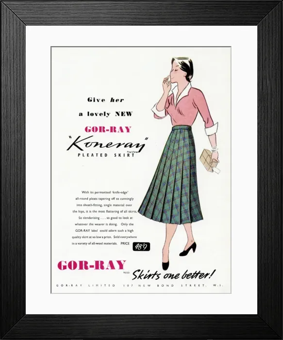 Framed Print : Advert for Gor-ray Koneray pleated skirts 1950 Framed Print : Advert for Gor-ray Koneray pleated skirts 1950
