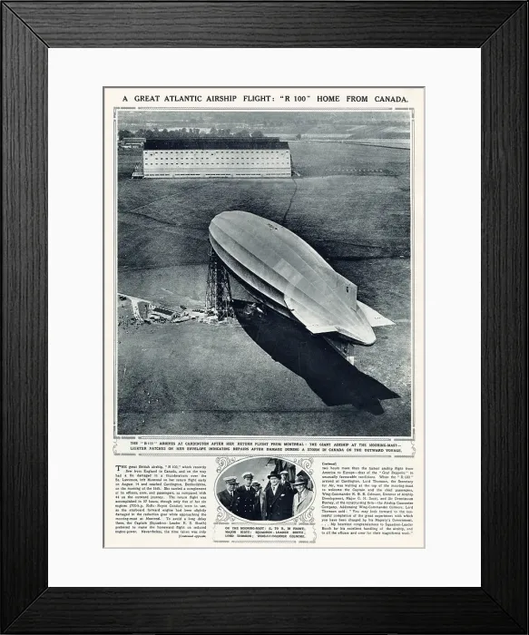Framed Print : The great British R 100 arrived at Cardington after return flight from Montreal, in 78 hours. The damaged fin in a thunderstorm over the St. Lawrence, left Montreal on her return flight early on August 14th and reached Cardington