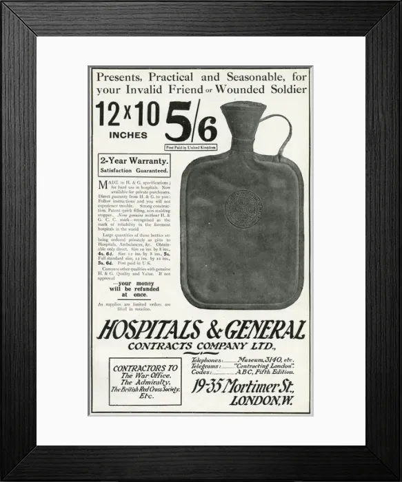 Framed Print : Advert for hot water bottles for wounded soldiers Framed Print : Advert for hot water bottles for wounded soldiers