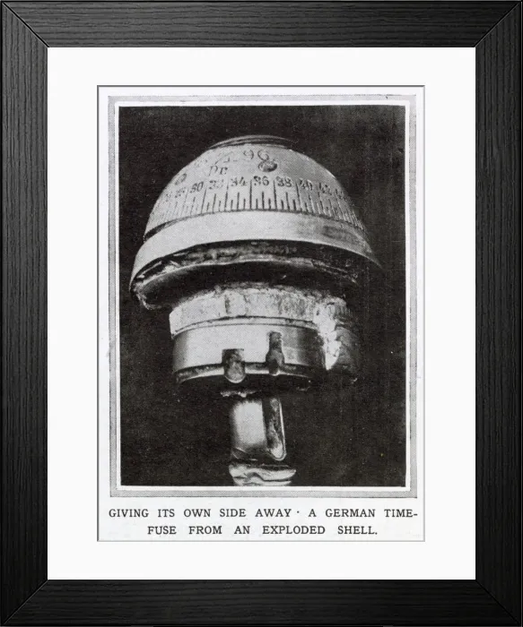 Framed Print : Photograph showing a time-fuse from a German shrapnel-shell which burst over British Framed Print : Photograph showing a time-fuse from a German shrapnel-shell which burst over British
