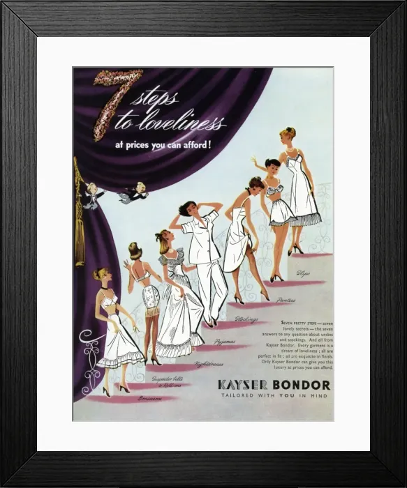 Framed Print : Advert for Kayser Bondor undergarments & nightdresses 1953 Framed Print : Advert for Kayser Bondor undergarments & nightdresses 1953