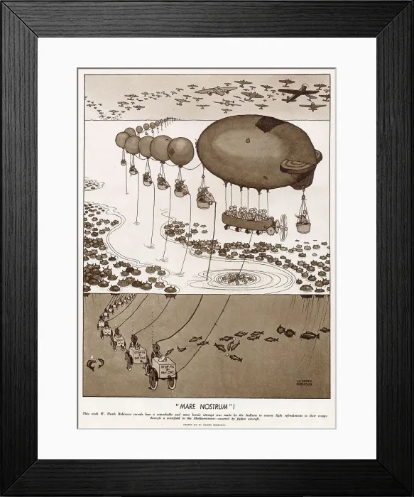 Framed Print : William Heath Robinson shows how a remarkable and most heroic attempt was made by the Italians to convoy fresh fish to their troops through a minefield in the Mediterranean escort by fighter aircraft. Date: 1941 Framed Print : William Heath Robinson shows how a remarkable and most heroic attempt was made by the Italians to convoy fresh fish to their troops through a minefield in the Mediterranean escort by fighter aircraft. Date: 1941